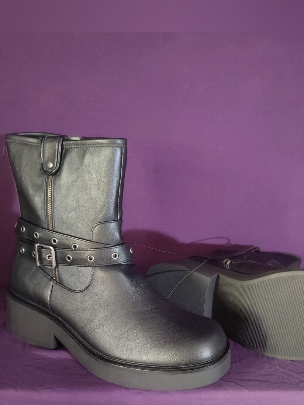 Pop Billboard Black Women's Biker Ankle Boots with Buckle Strap